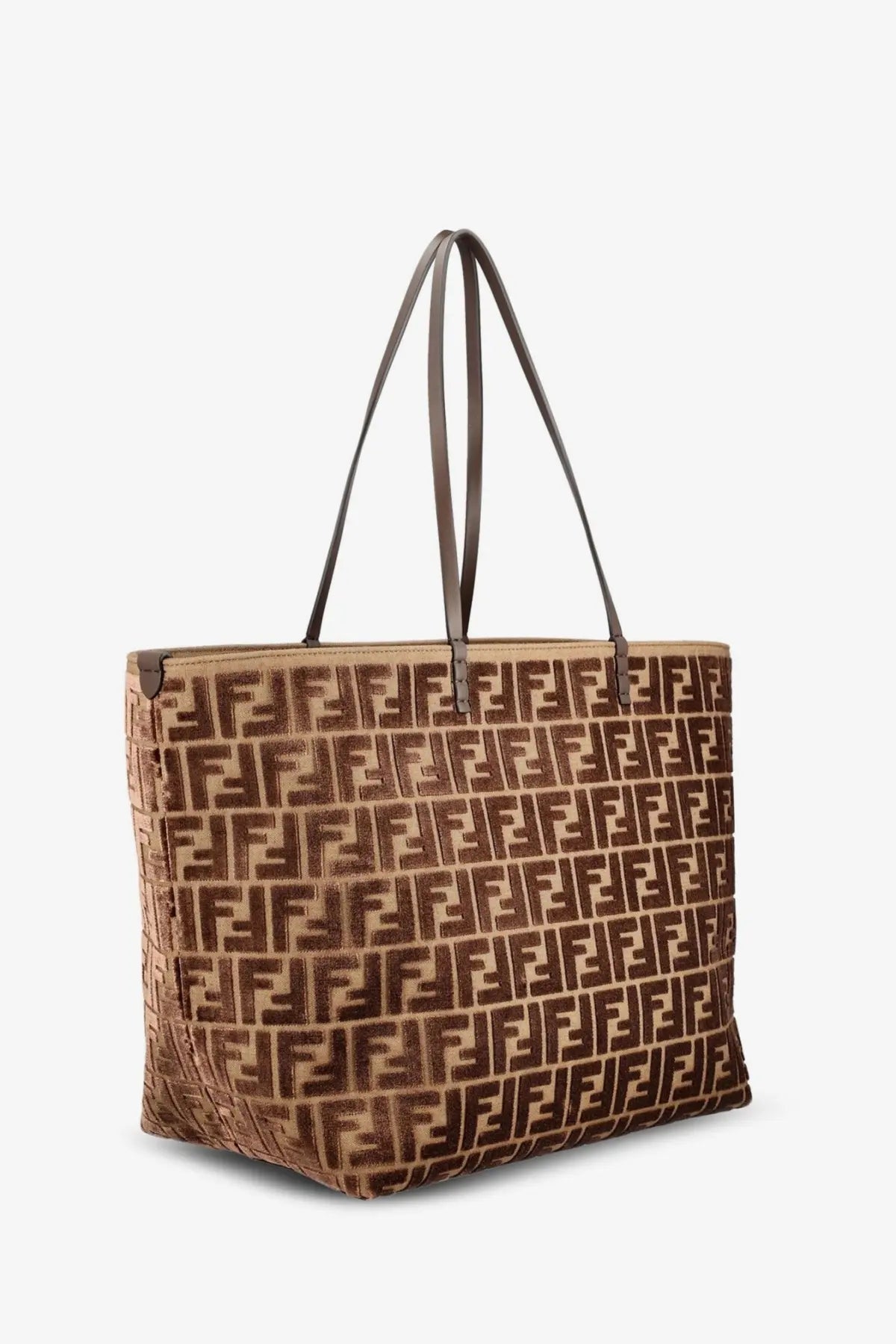Beige fendi roll large tote bag with brown ff jacquard fabric and dark brown leather handles for shopping use