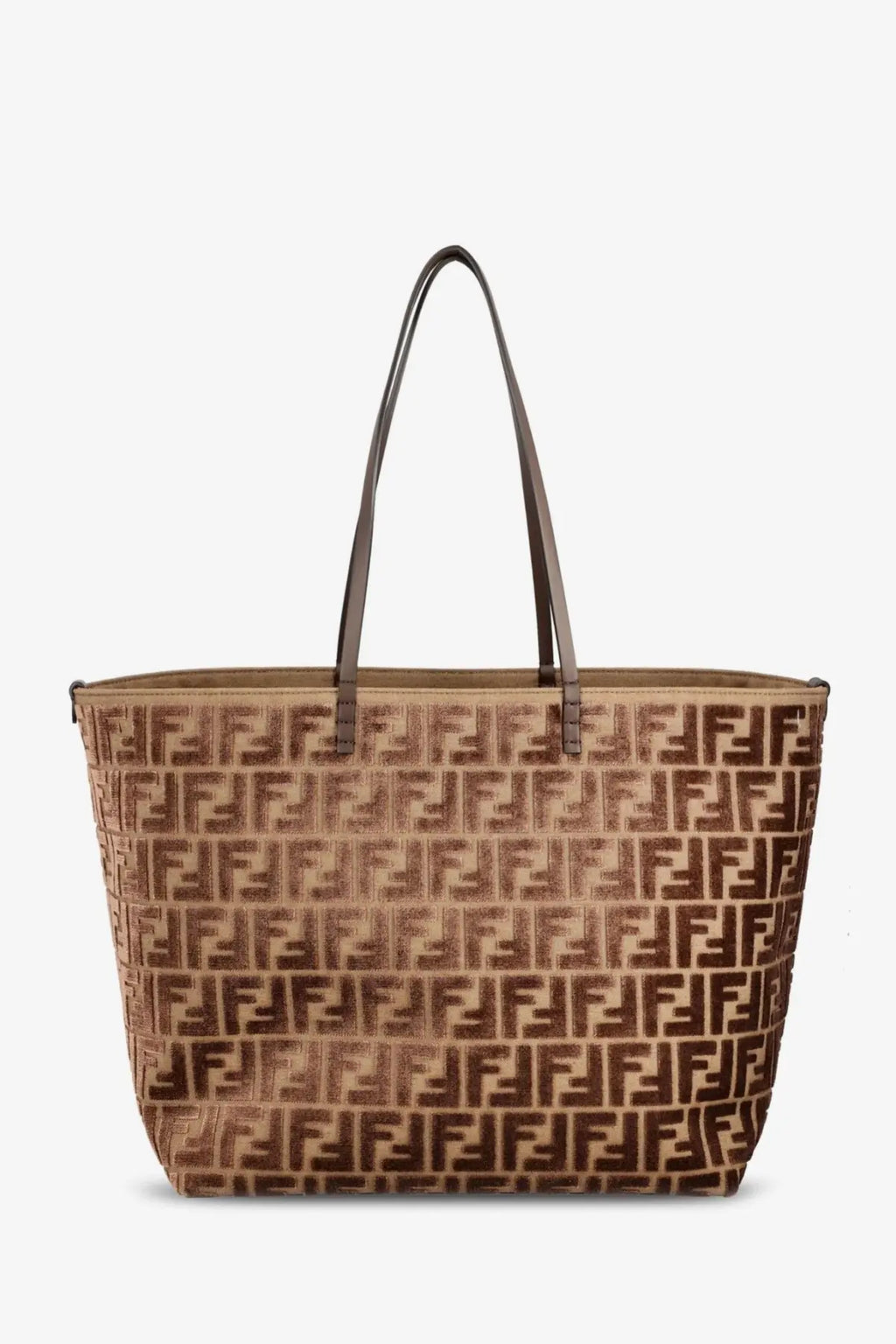 Tan fendi women’s roll large tote bag in brown ff jacquard fabric with dark brown leather handles for shopping use