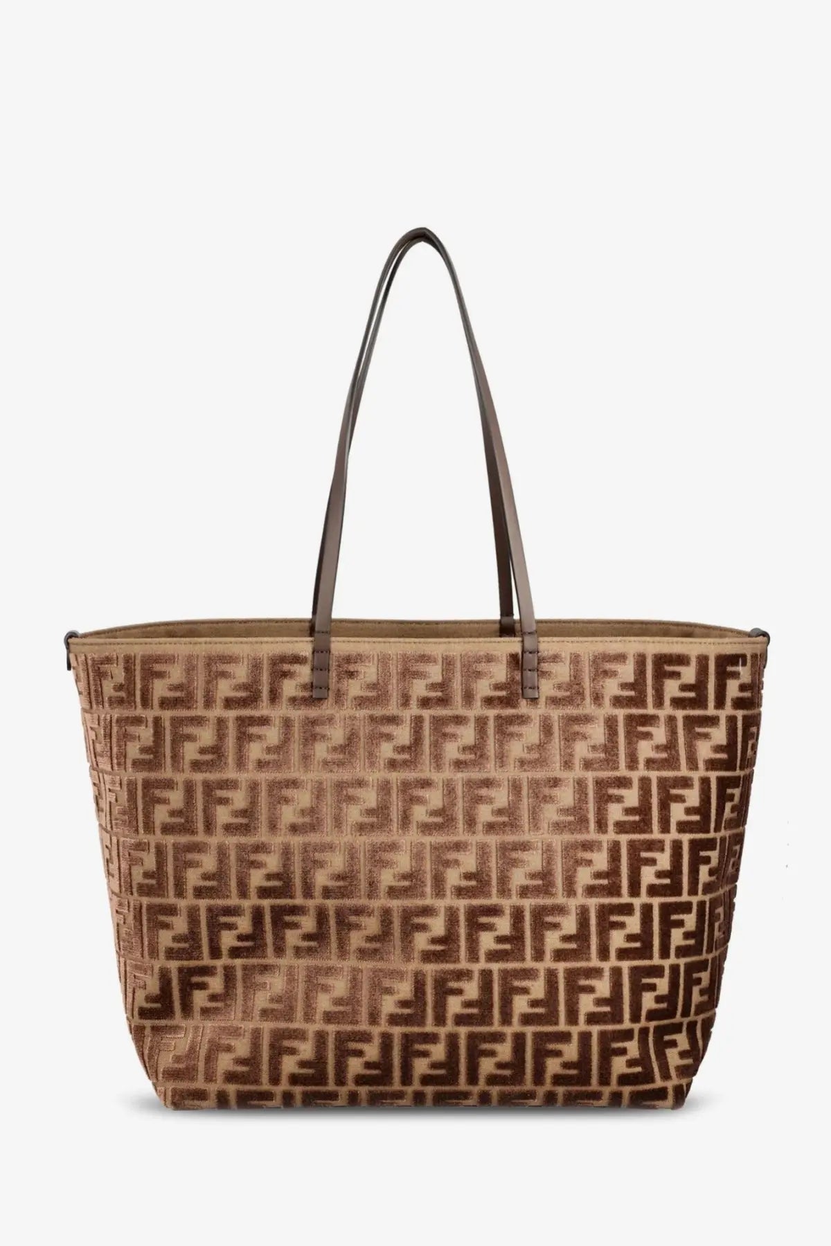 Tan fendi women’s roll large tote bag in brown ff jacquard fabric with dark brown leather handles for shopping use