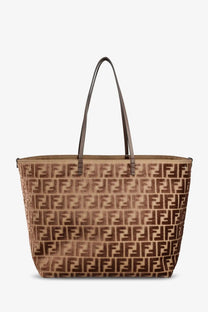 Tan fendi women’s roll large tote bag in brown ff jacquard fabric with dark brown leather handles for shopping use