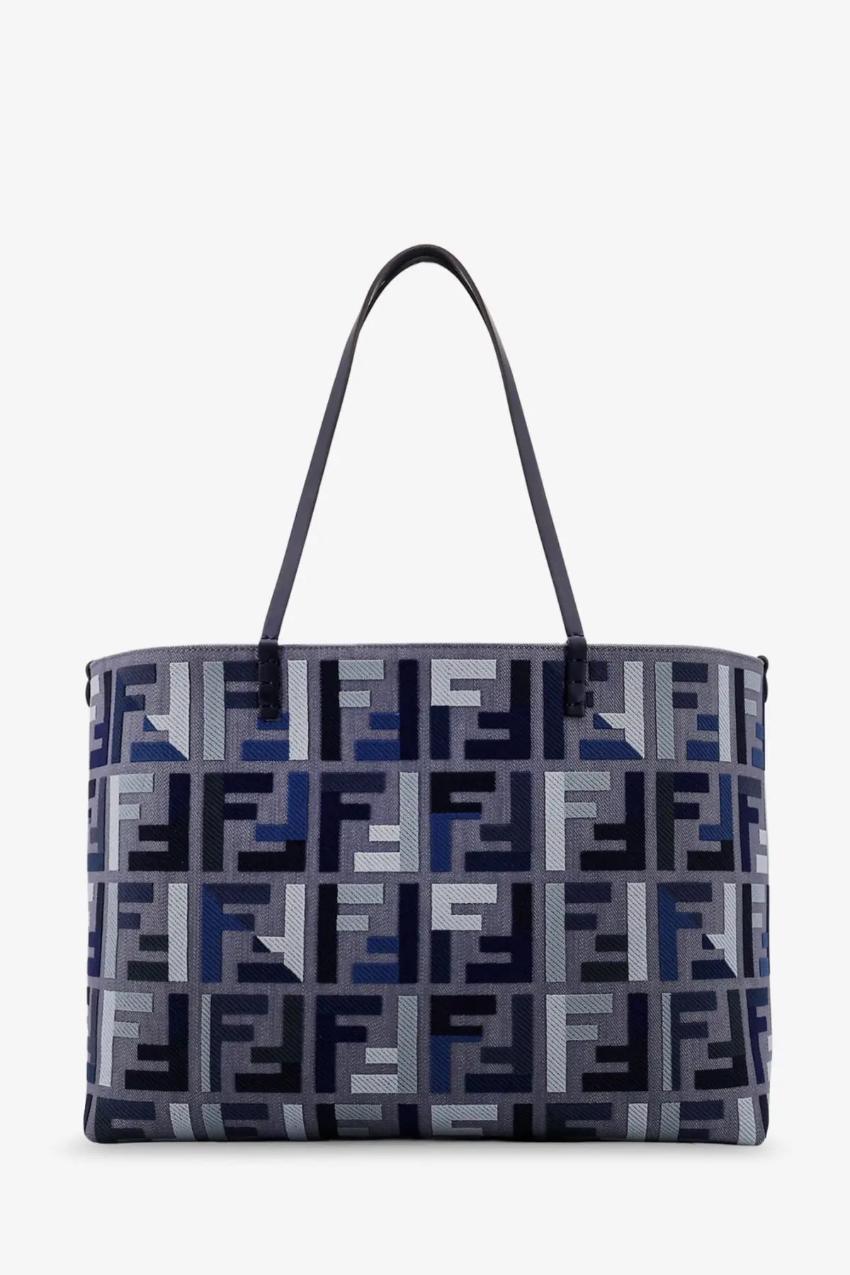 Fendi women’s roll large jacquard FF fabric tote bag in navy gray and white with a repeating monogram pattern