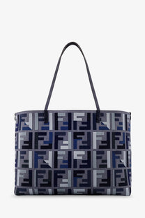 Fendi women’s roll large jacquard FF fabric tote bag in navy gray and white with a repeating monogram pattern