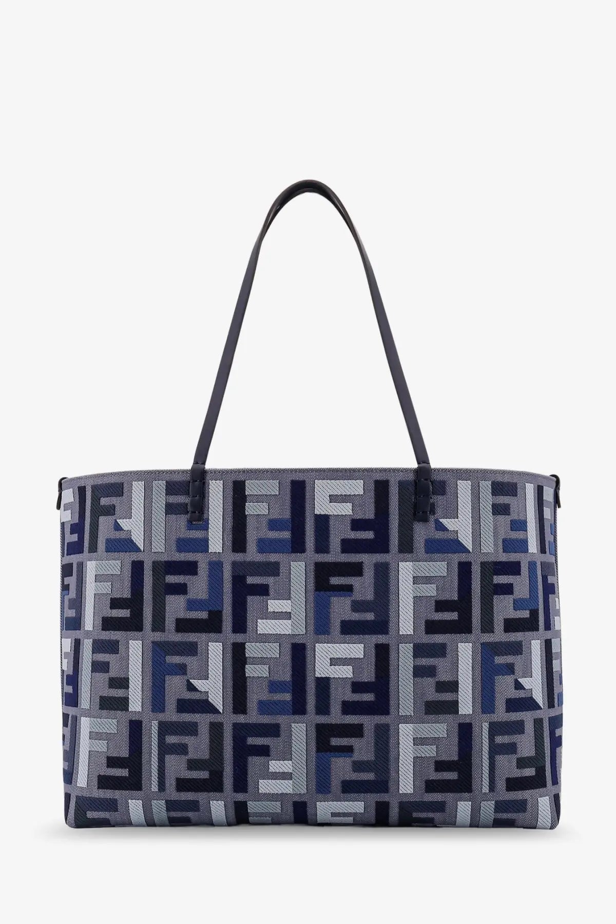 Fendi women’s roll large jacquard ff fabric tote bag in navy blue and gray with black leather handles and ff logo pattern