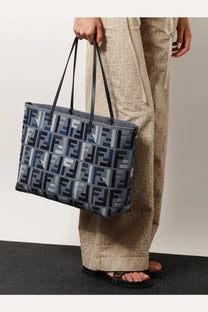Fendi women’s roll large jacquard ff fabric tote bag in navy blue and gray with black leather handles and ff logo pattern