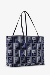 Fendi women’s roll large jacquard tote bag in navy blue and gray with repeating ff logo pattern