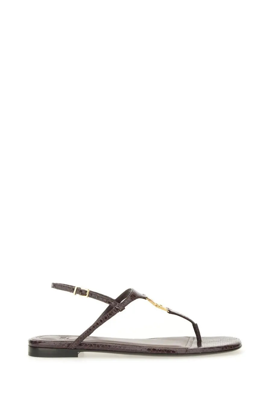 Fendi women’s sandal ffold brown dark brown crocodile embossed leather thong sandal with gold tone metal t strap accent