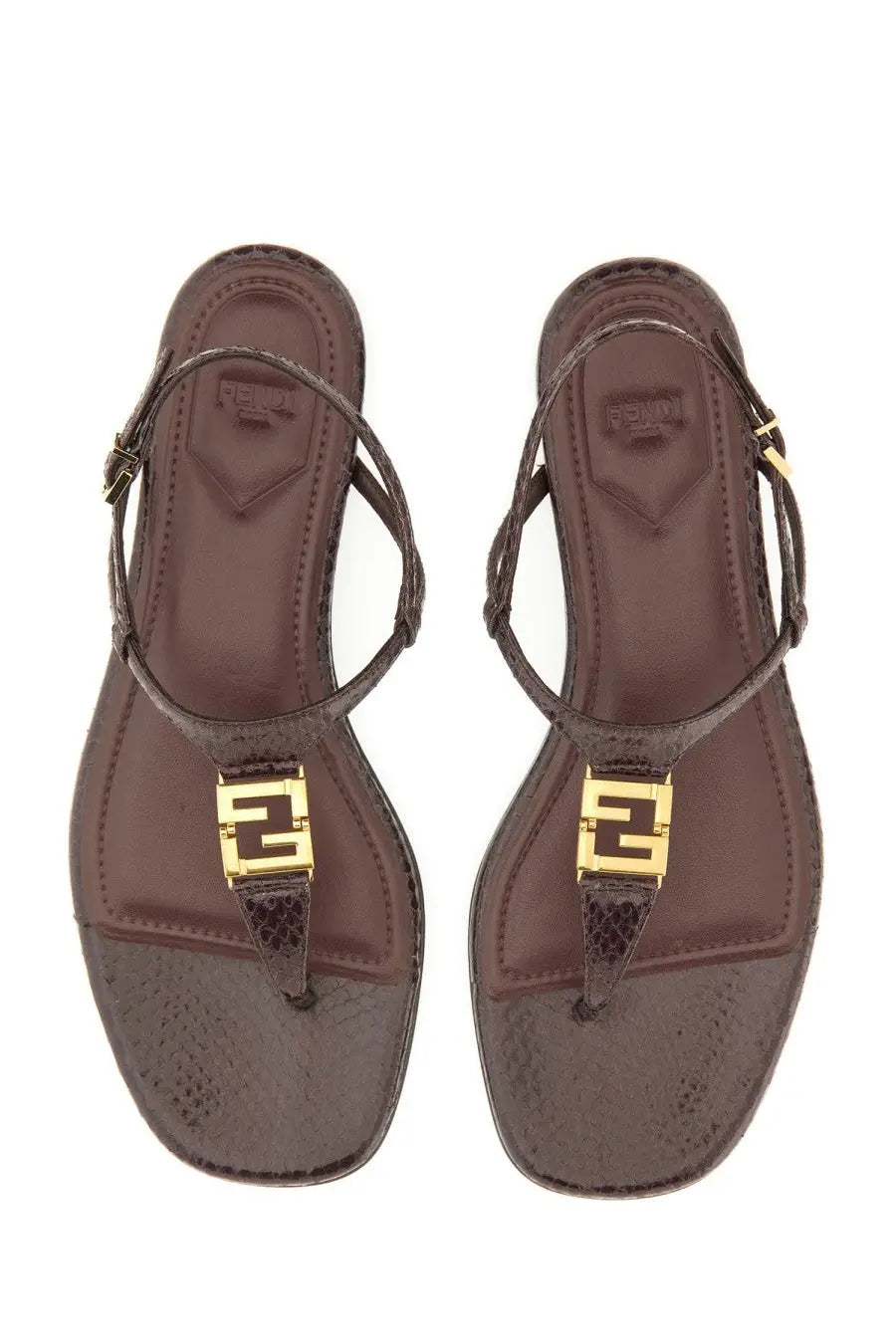 Fendi women’s sandal ffold brown brown sandals with gold-tone ff logo hardware and textured snake-print detailing