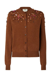 Fendi women’s brown cardigan with sparkling pink and gold sequins across the shoulders