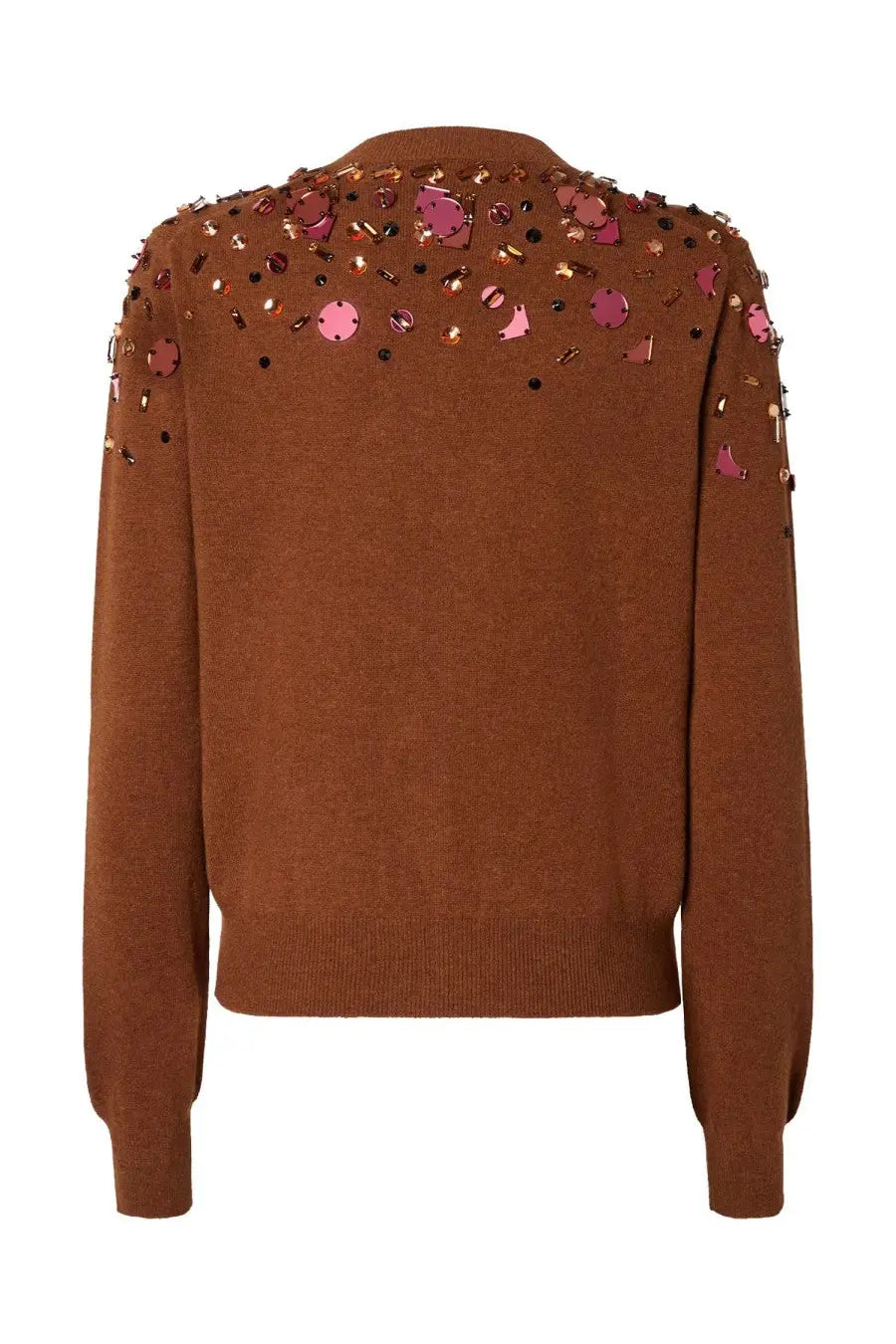 Fendi women’s brown knit cardigan with pink and gold sequins along the shoulders for stylish warmth