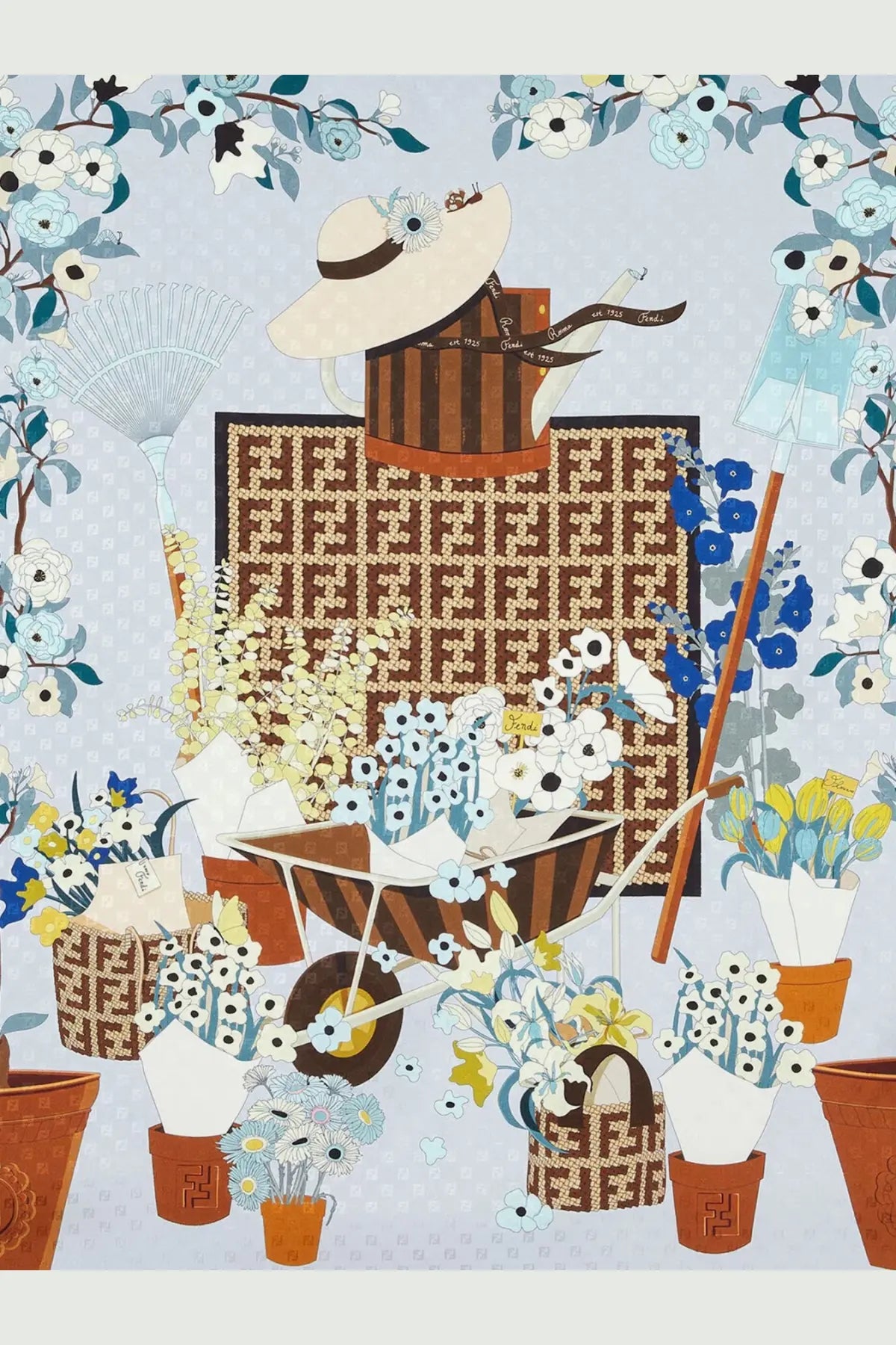 Brown fendi-patterned leather tote bag with wide brimmed hat on top and fendi women’s blue silk scarf