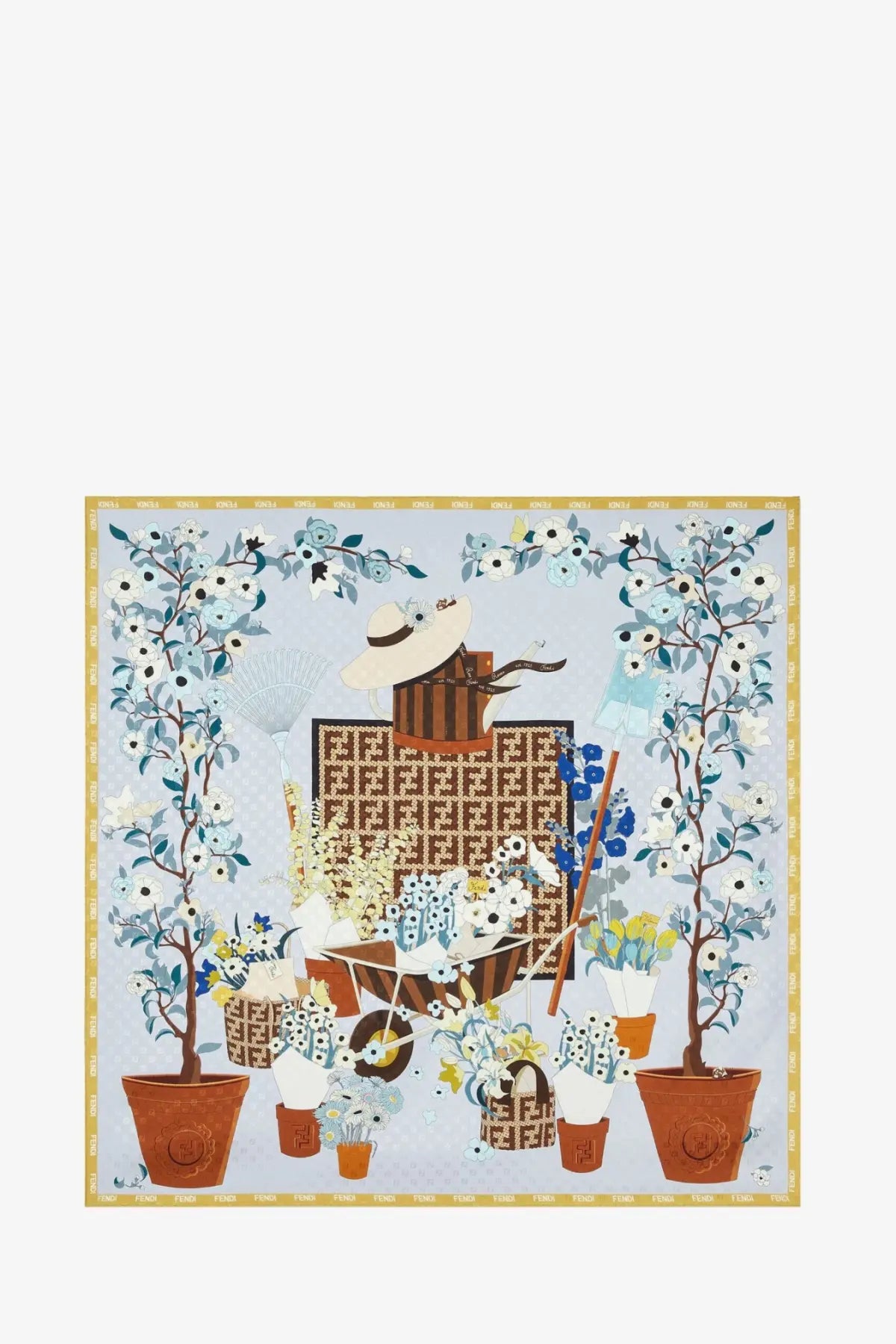 Fendi women’s blue silk square scarf with whimsical garden floral motifs patterned luggage and terracotta potted plants