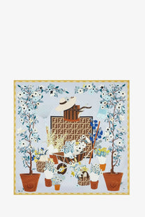 Fendi women’s blue silk scarf with whimsical garden scene floral motifs patterned luggage and terracotta potted plants