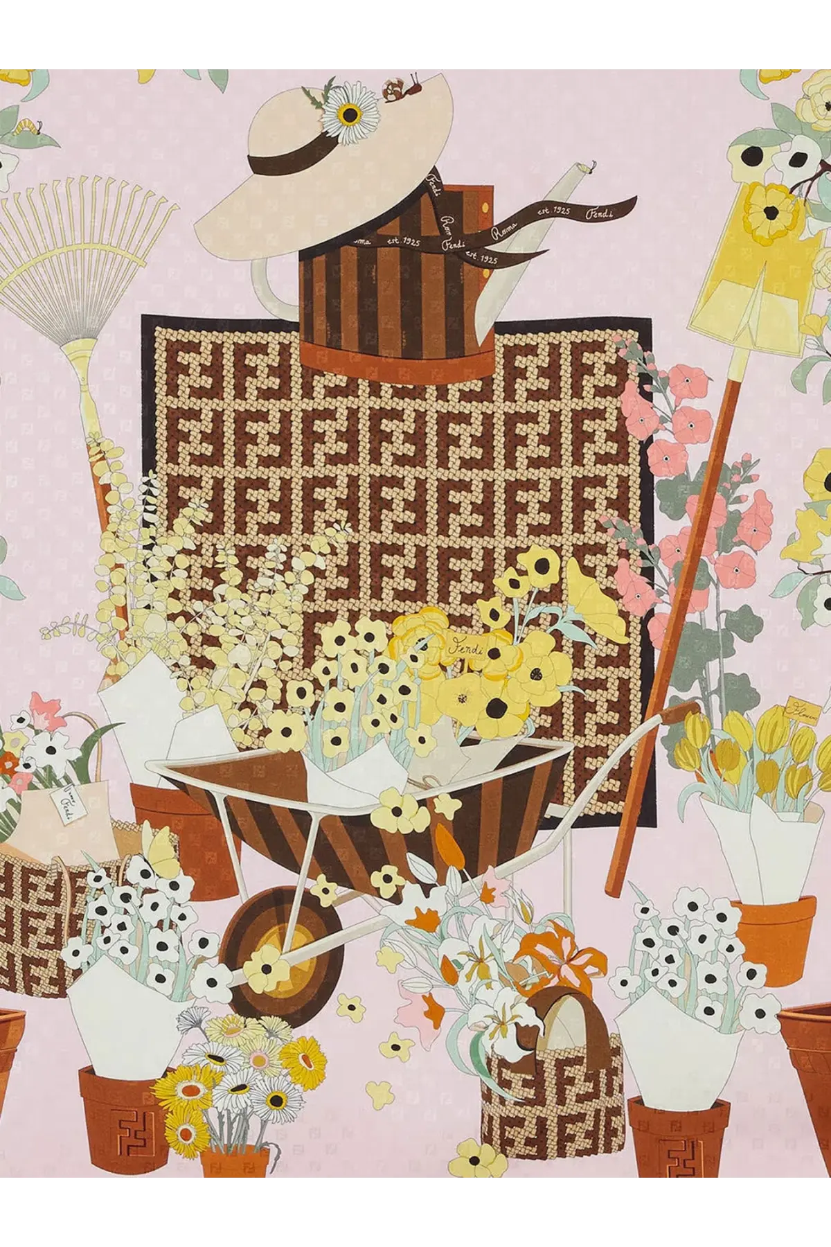 Brown fendi tote bag with ff logo pattern paired with cream hat and ribbon featuring fendi women’s silk scarf pink
