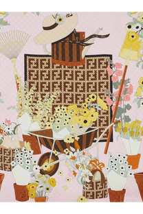 Brown fendi tote bag with ff logo pattern paired with cream hat and ribbon featuring fendi women’s silk scarf pink