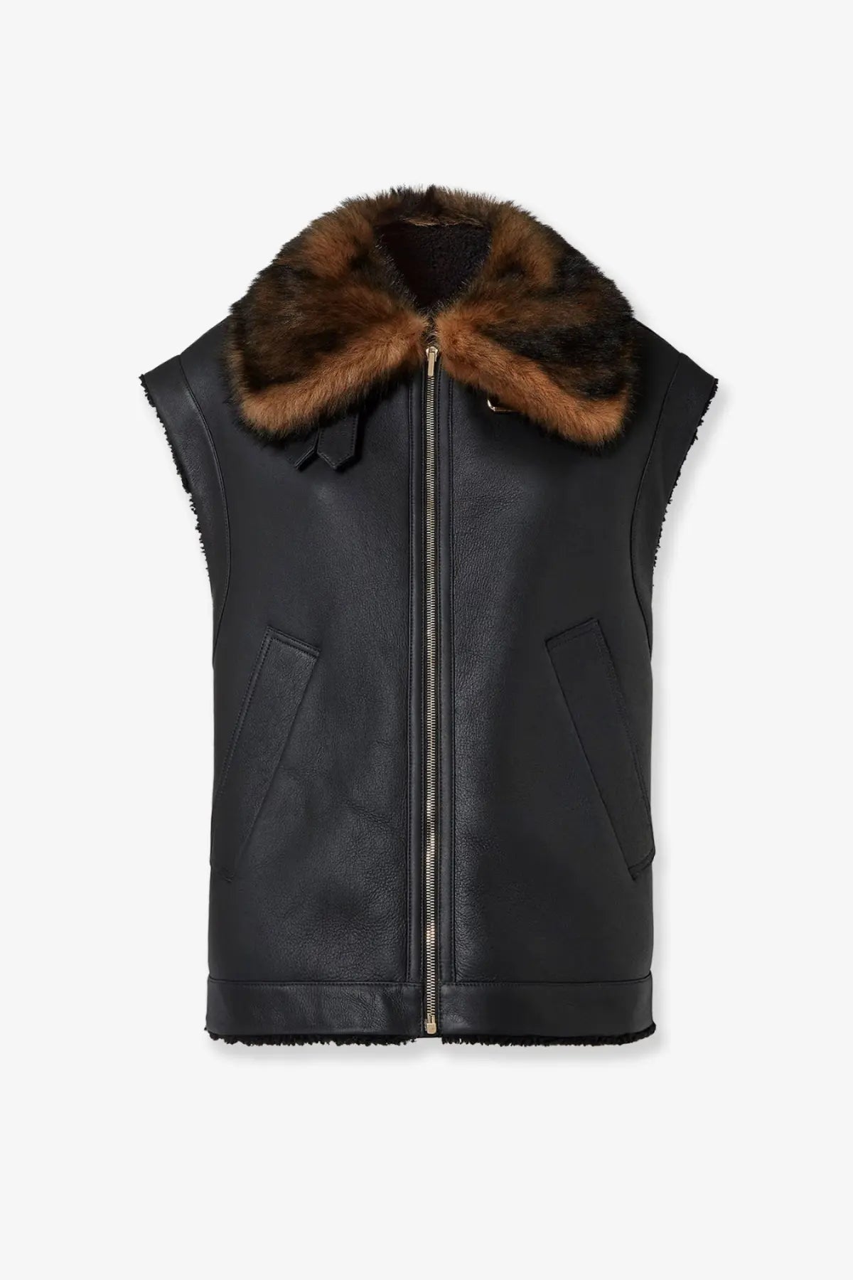 Fendi women’s black leather sleeveless vest with plush brown fur collar and two front pockets sheepskin jacket