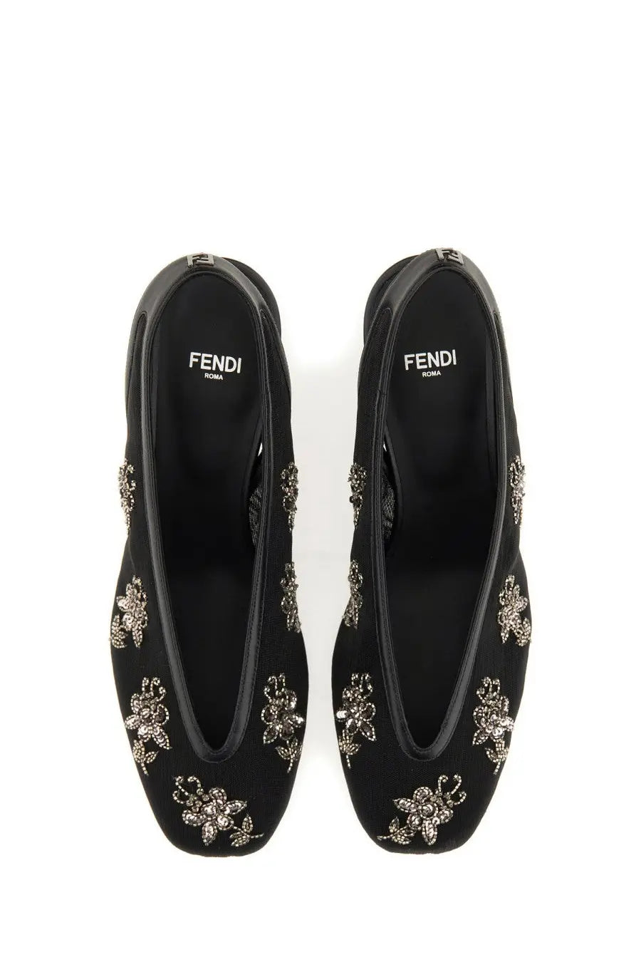 Fendi women’s slingback black leather loafers with sparkling silver floral embroidery on the front