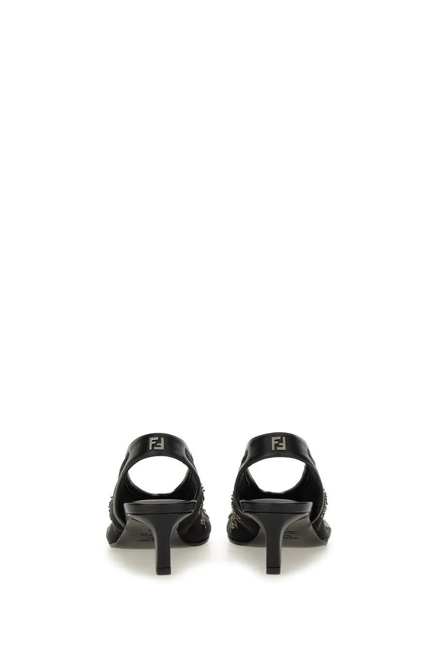 Fendi women’s slingback black mules with a sleek glossy finish and subtle side embellishments in leather