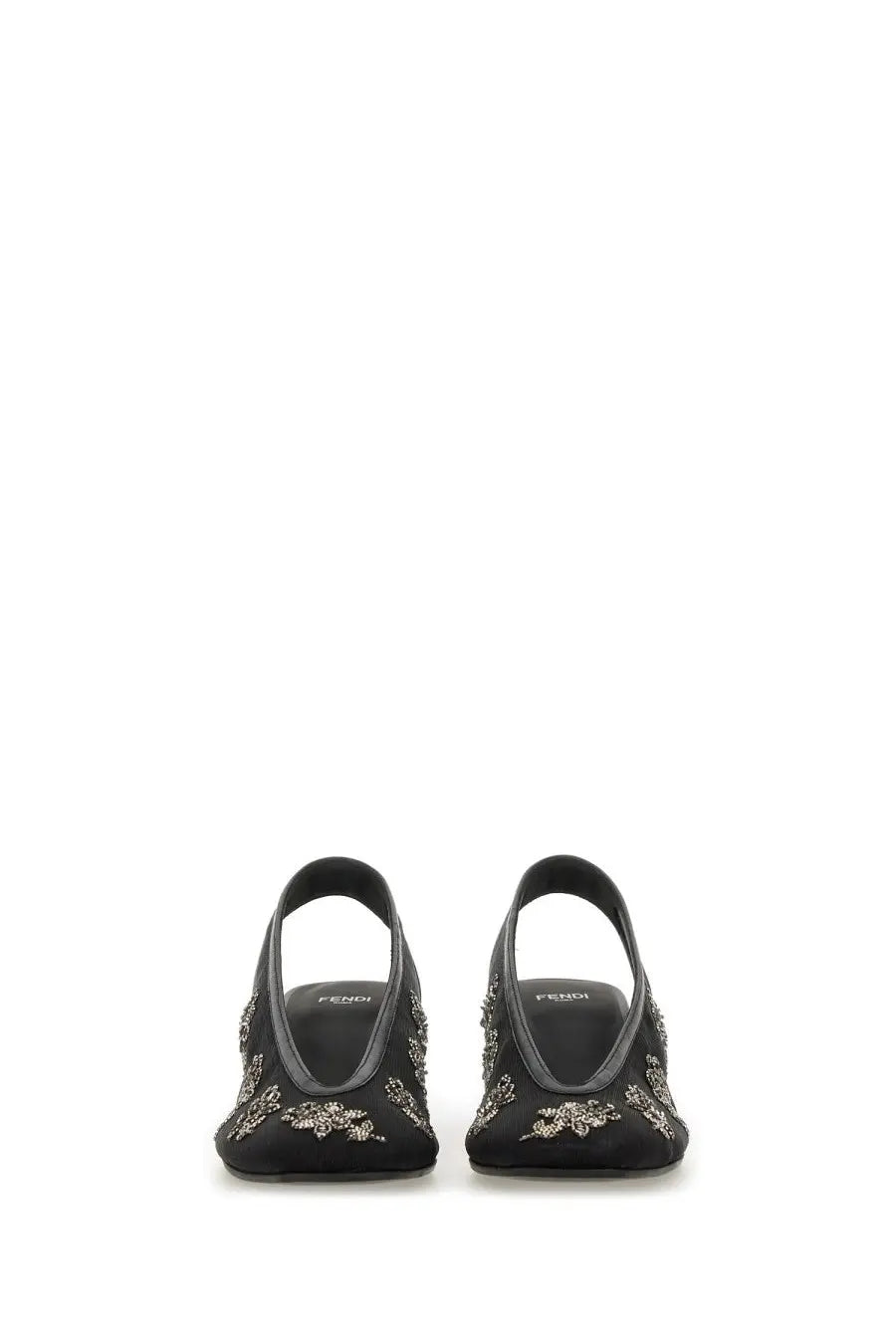 Fendi women’s slingback black pump shoes with silver floral embroidery on black material