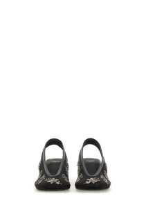 Fendi women’s slingback black pump shoes with silver floral embroidery on black material