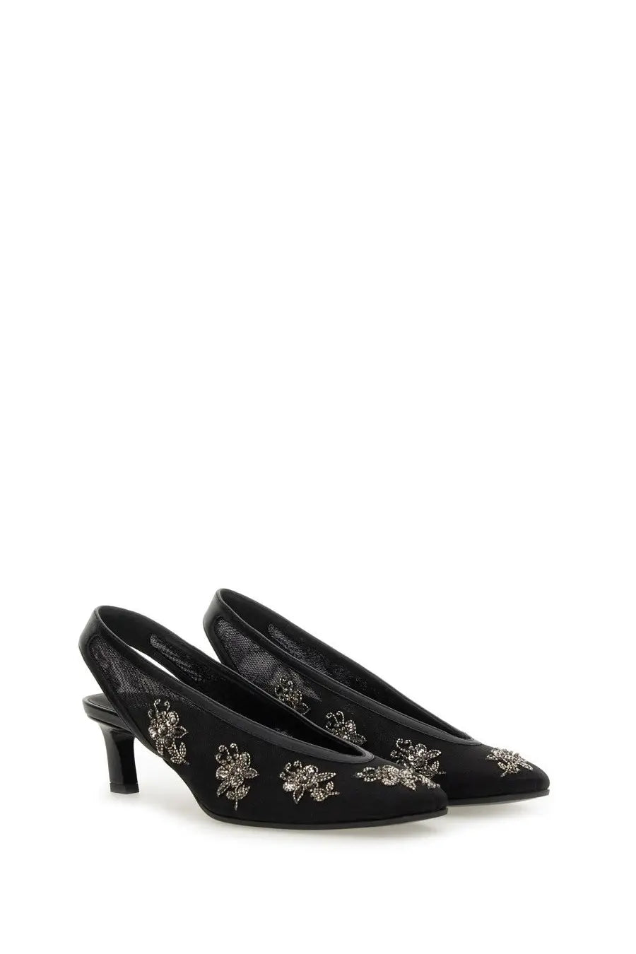 Fendi women’s black satin slingback heels with intricate silver floral embroidery for elegant occasions