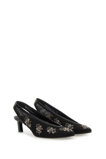 Fendi women’s black satin slingback heels with intricate silver floral embroidery for elegant occasions