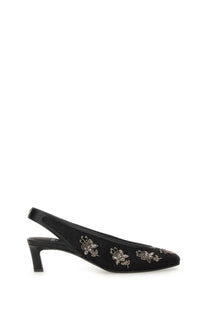 Fendi women’s black suede slingback pump with delicate silver floral embroidery along the toe