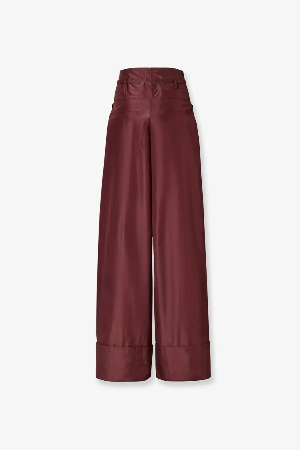 Fendi women’s taffeta trousers in purple featuring burgundy satin wide legs high waist and rolled cuffs