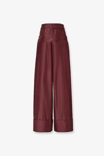 Fendi women’s taffeta trousers in purple featuring burgundy satin wide legs high waist and rolled cuffs