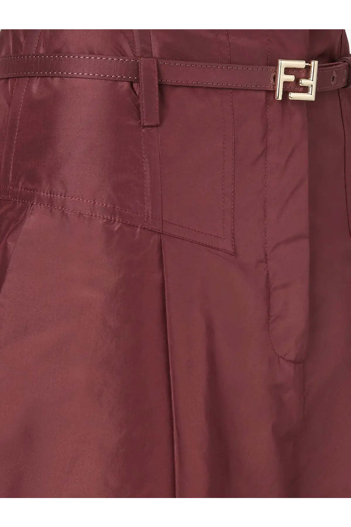 A burgundy fendi taffeta skirt with a matching belt featuring the brand’s double f buckle in a womens design