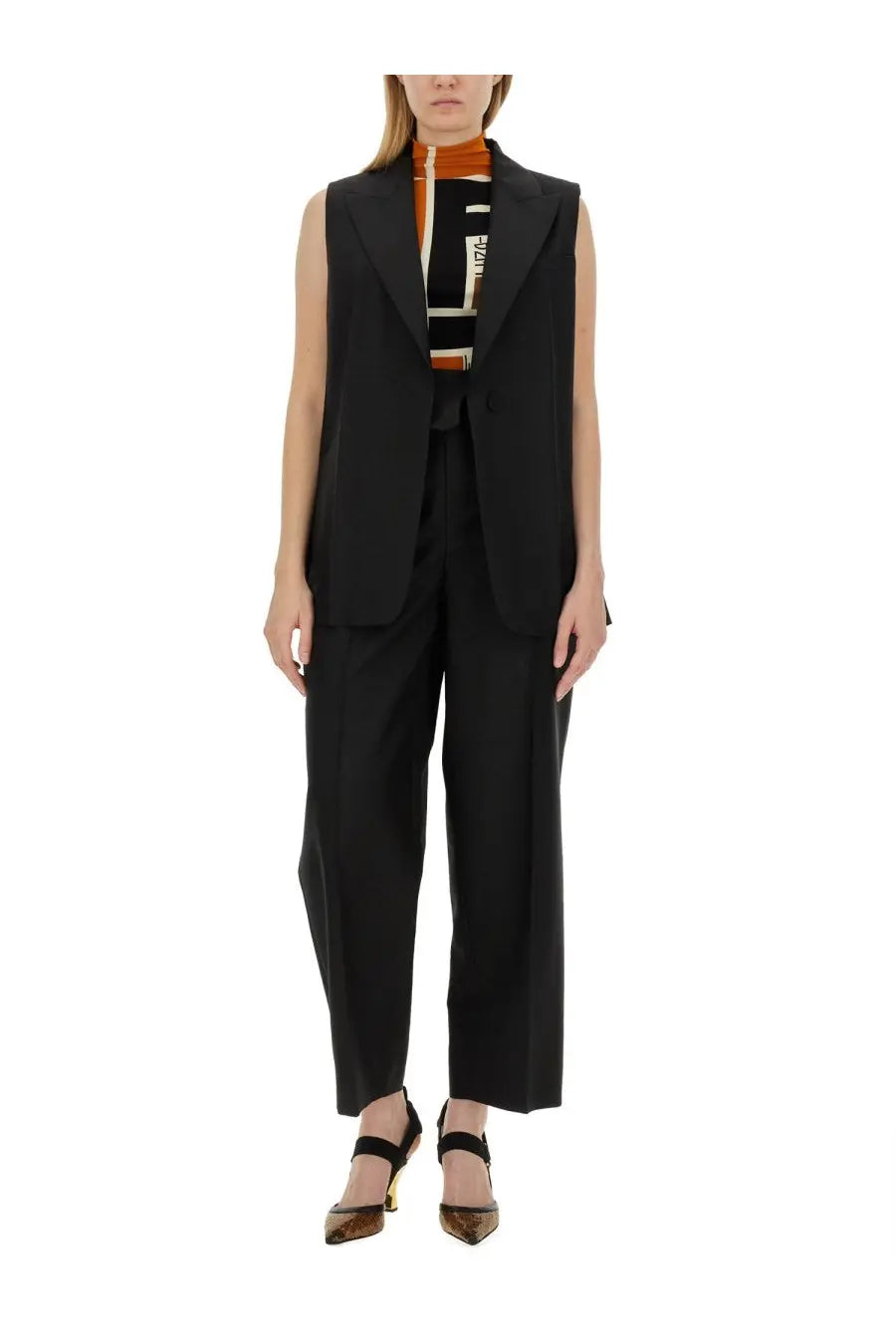 Fendi women’s tailored vest black sleeveless blazer with notched lapels and structured fit in premium fabric