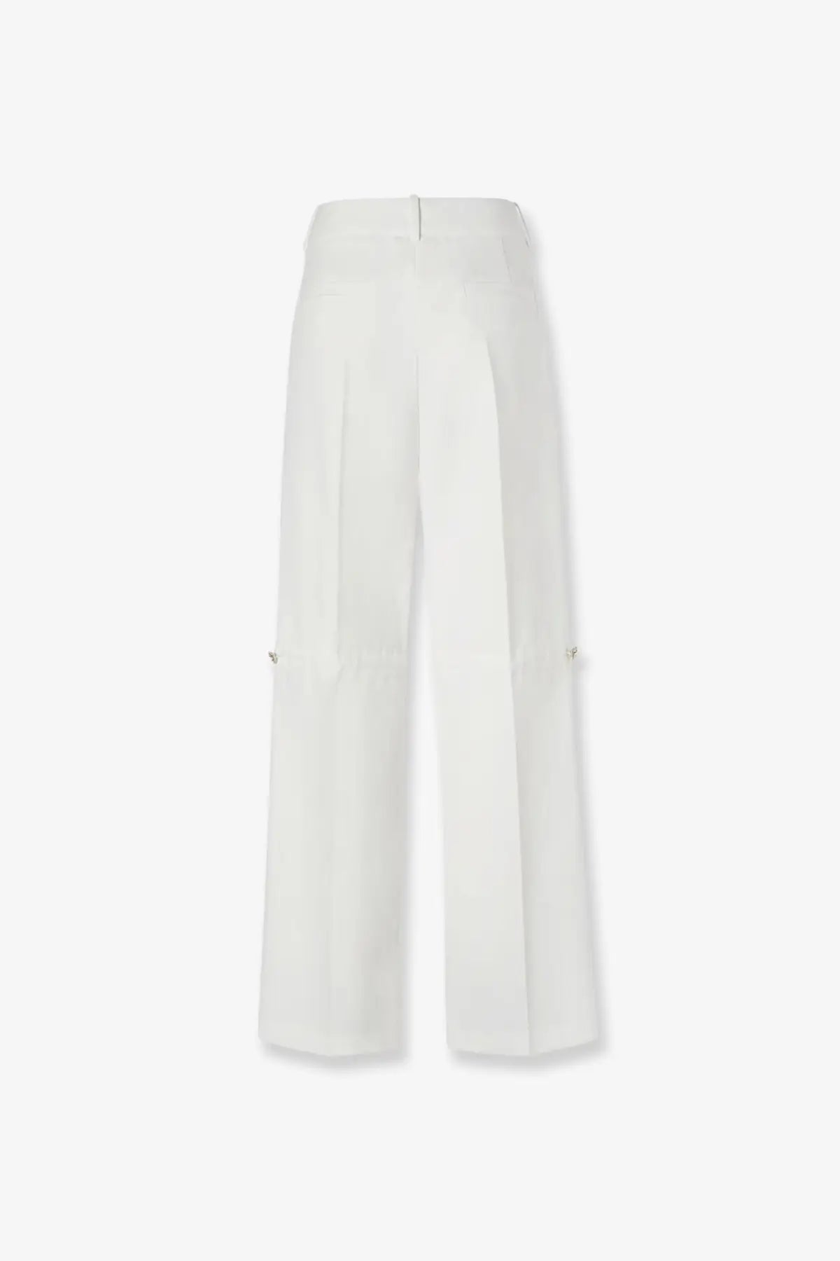 Fendi women’s white technical canvas wide-leg trousers with high waist pleated front and subtle metallic side pockets