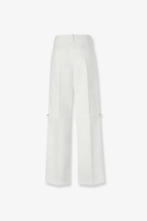 Fendi women’s white technical canvas wide-leg trousers with high waist pleated front and subtle metallic side pockets