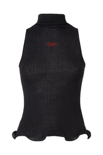 Back view of fendi women’s black sleeveless turtleneck top with red embroidered fendi roma logo