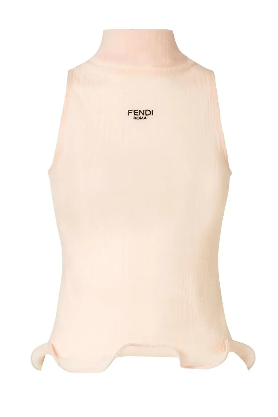 Fendi women’s pale pink sleeveless top with high neckline and black Fendi Roma logo embroidered on chest