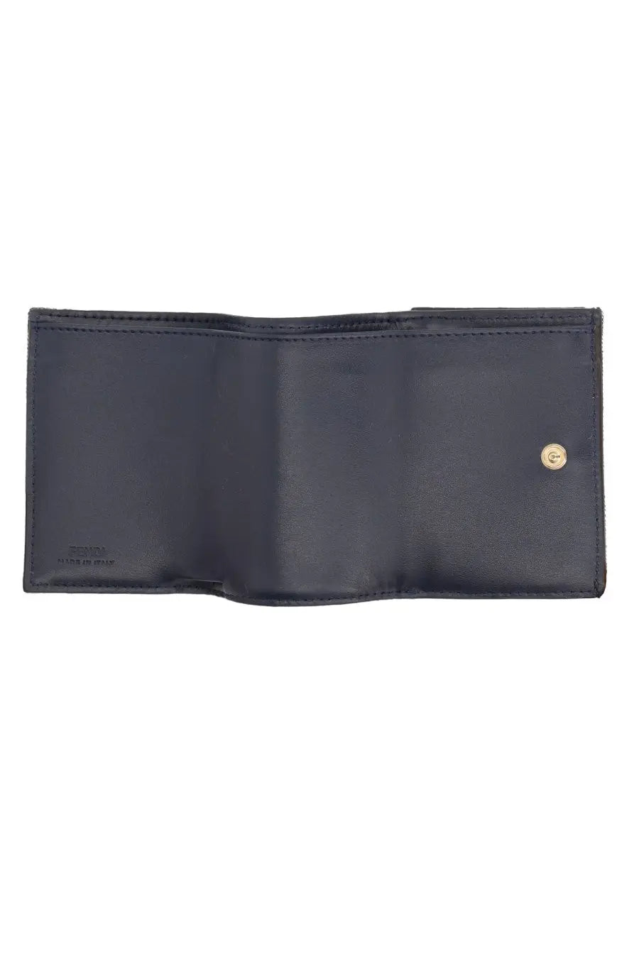 Fendi women’s trifold baguette wallet black leather with gold-tone button closure visible on front side