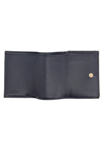 Fendi women’s trifold baguette wallet black leather with gold-tone button closure visible on front side