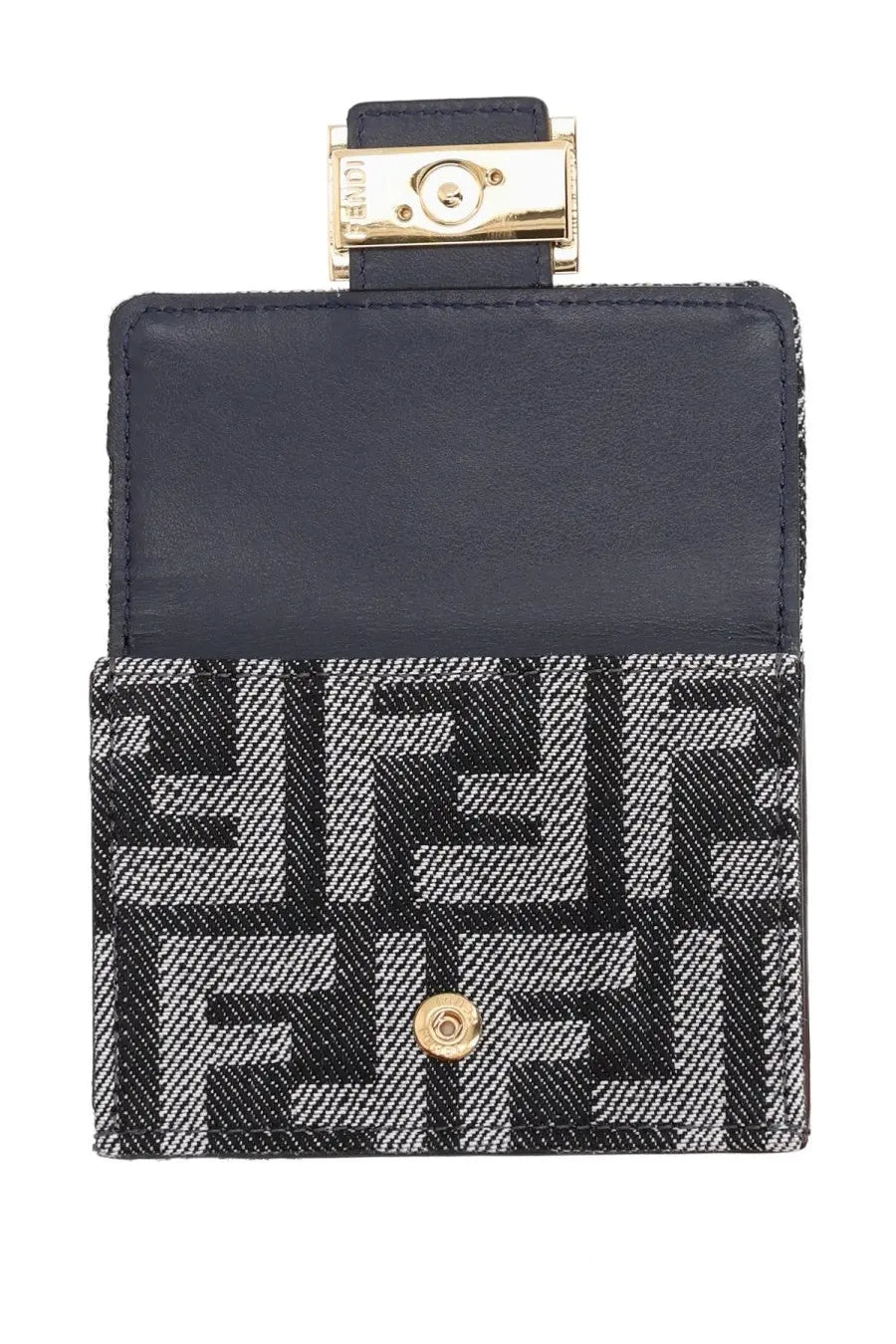 Navy blue and black Fendi women’s trifold baguette wallet with logo pattern and gold-tone hardware front view