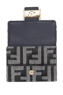 Navy blue and black Fendi women’s trifold baguette wallet with logo pattern and gold-tone hardware front view