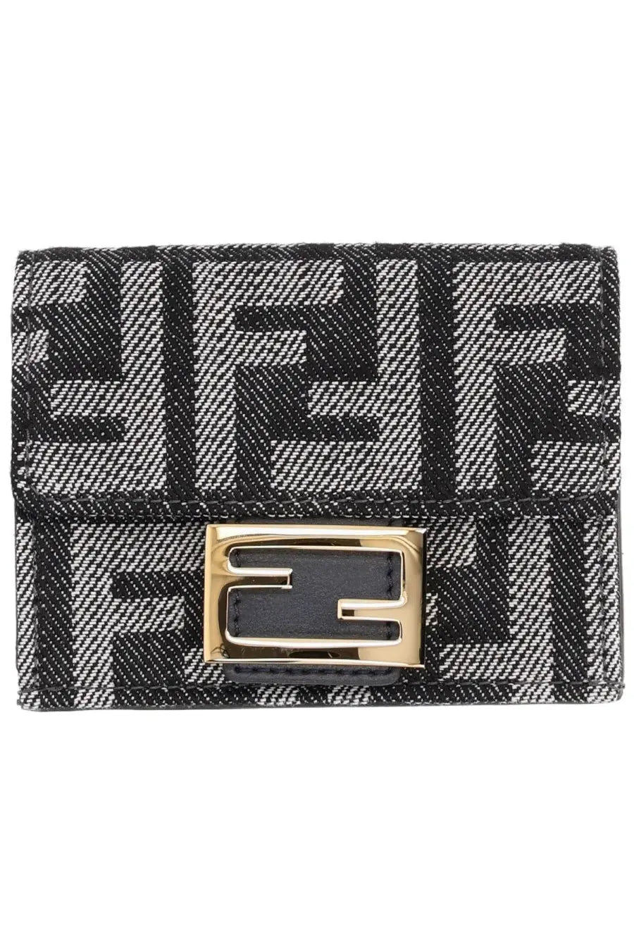 Fendi women’s trifold baguette wallet in black with white logo pattern and gold-tone metal clasp