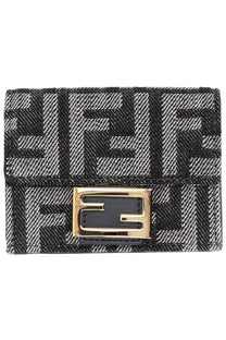 Fendi women’s trifold baguette wallet in black with white logo pattern and gold-tone metal clasp