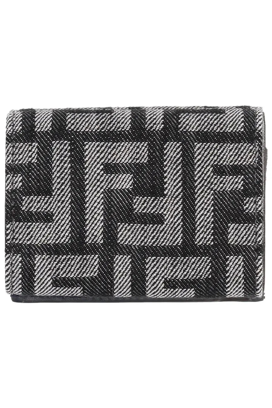 Fendi women’s trifold baguette wallet black featuring black and white woven geometric interlocking f logos pattern