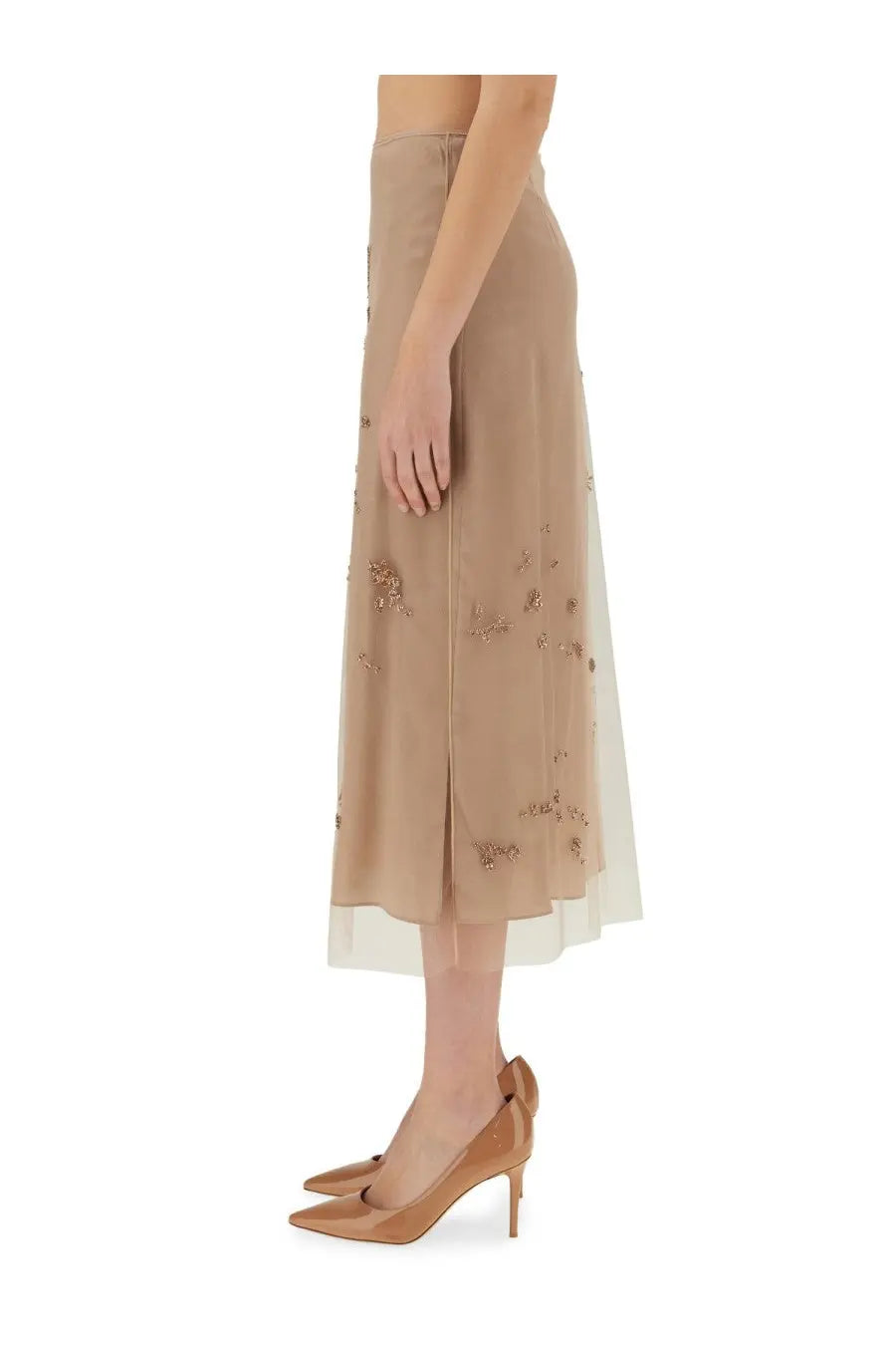 Fendi women’s beige midi tulle skirt with delicate gold embroidery and sheer overlay perfect for elegant occasions