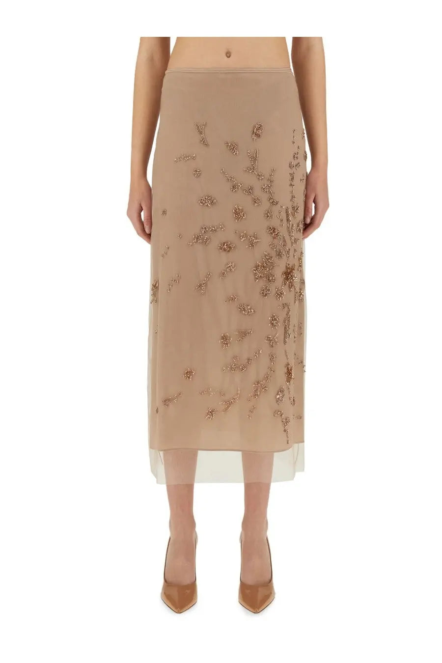 Fendi women’s beige tulle midi skirt with delicate gold beading and sheer overlay