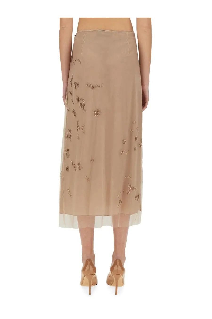Fendi women’s beige tulle midi skirt with delicate gold floral embroidery and white sheer hem detail