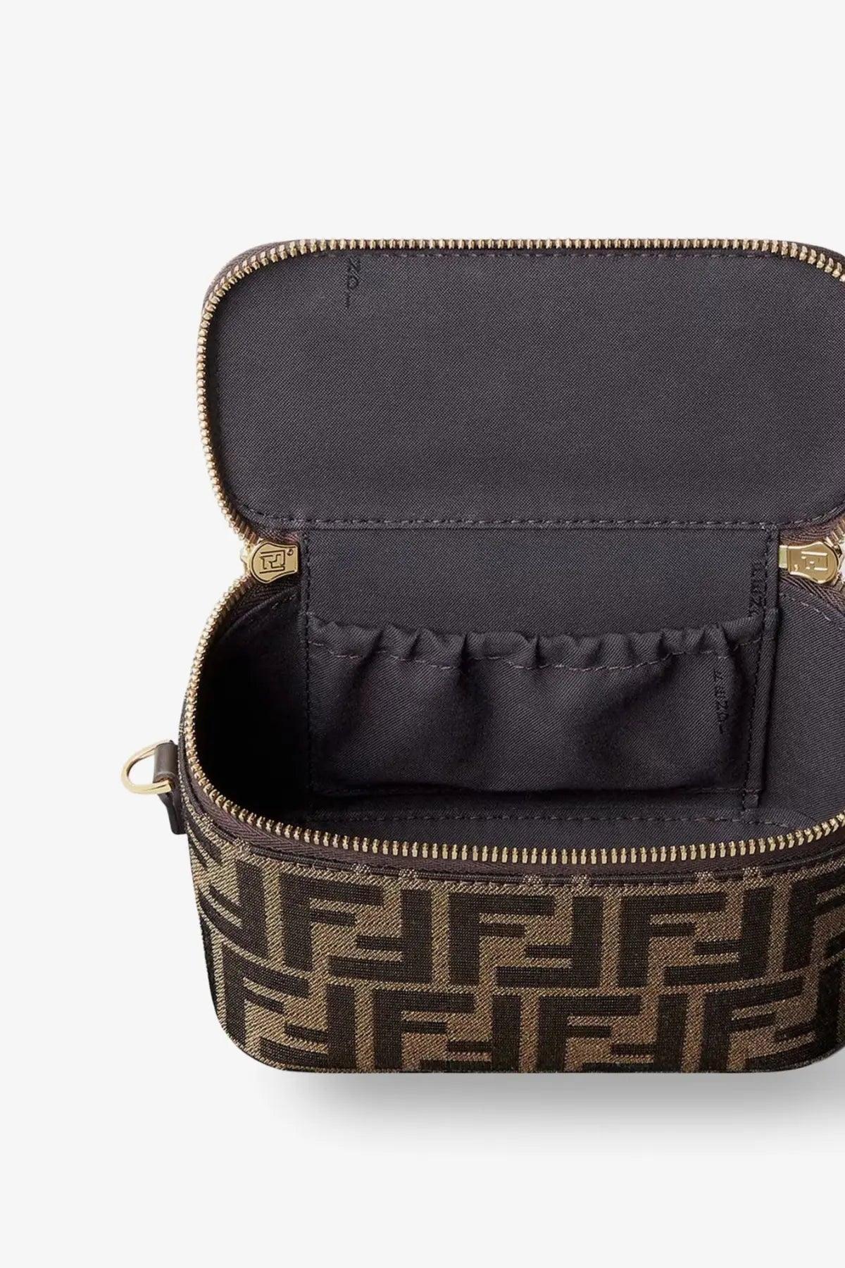 Brown and beige ff monogram canvas cosmetic case with gold-tone zippers for fendi womens vanity crossbody bag black