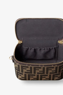 Brown and beige ff monogram canvas cosmetic case with gold-tone zippers for fendi womens vanity crossbody bag black