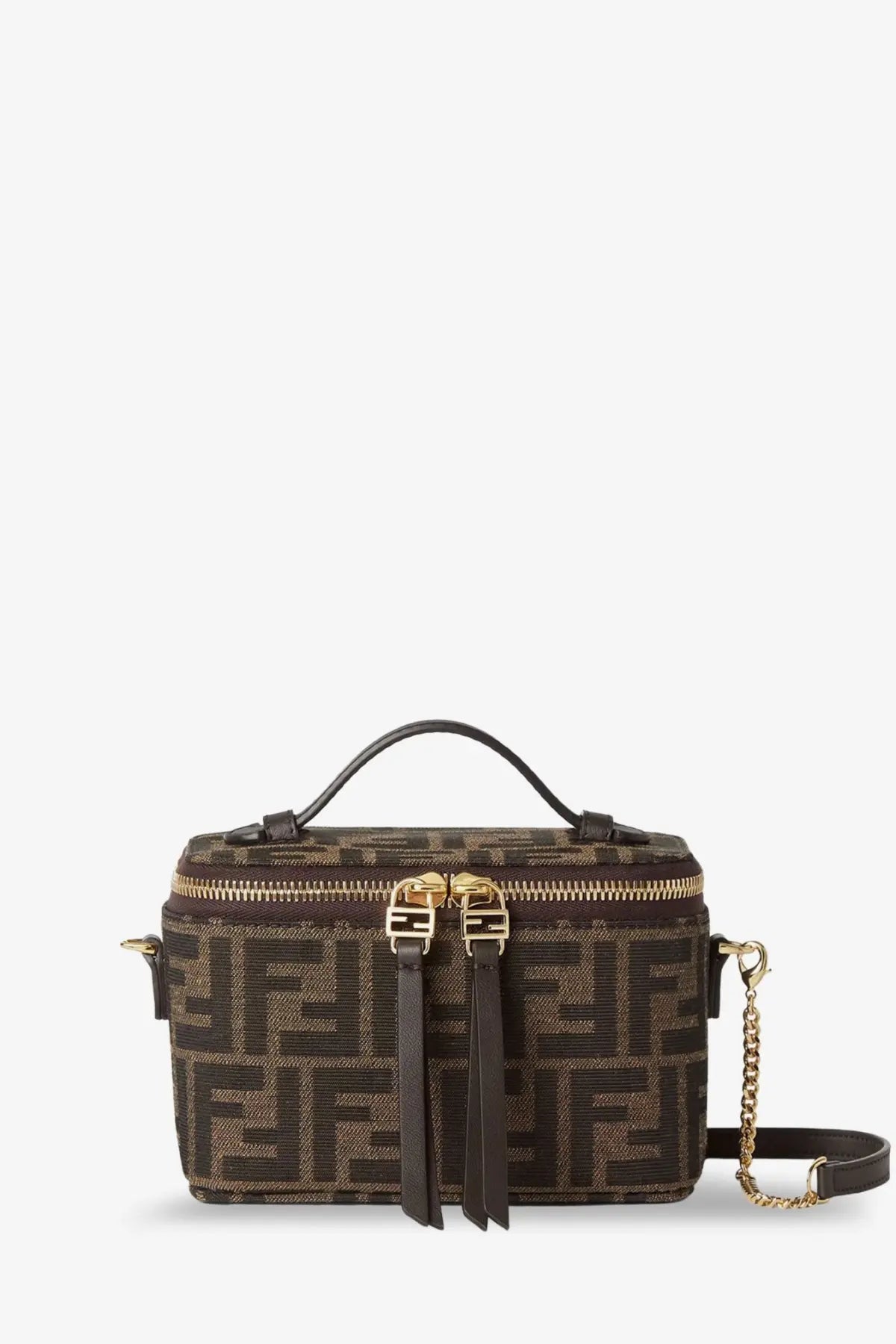 Fendi women’s vanity crossbody bag in black ff jacquard fabric with brown zucca canvas box design and gold-tone chain strap
