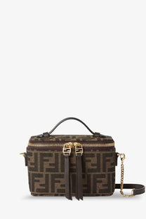 Fendi women’s vanity crossbody bag in black ff jacquard fabric with brown zucca canvas box design and gold-tone chain strap