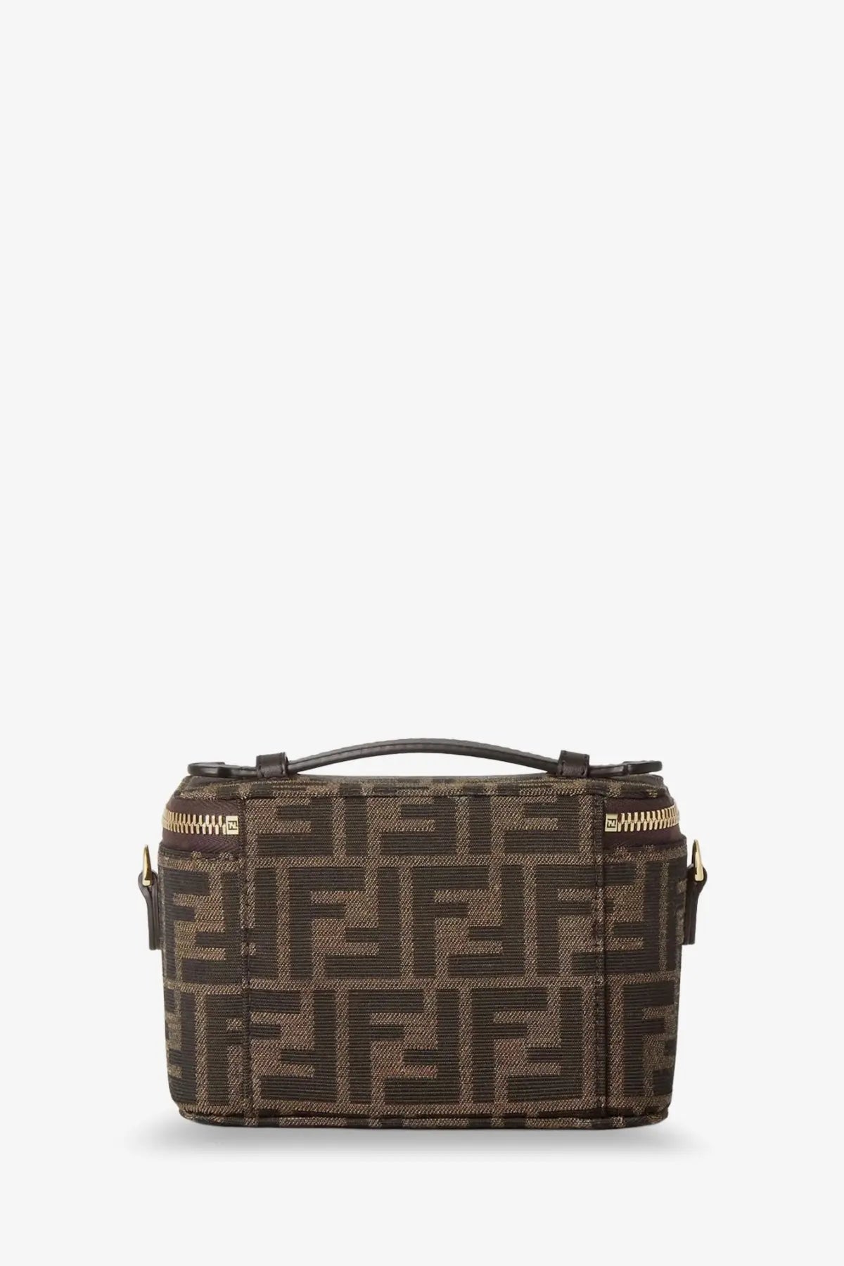 Brown fendi vanity crossbody bag in ff jacquard fabric with gold hardware and black leather handle