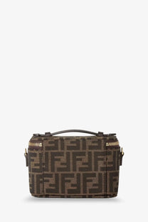 Brown fendi vanity crossbody bag in ff jacquard fabric with gold hardware and black leather handle